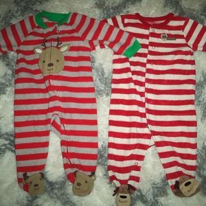 2 PAIRS CHRISTMAS PAJAMAS FLEECE SLEEPERS FOOTIES~CARTERS-GIRLS/BOYS SIZE 3 MO